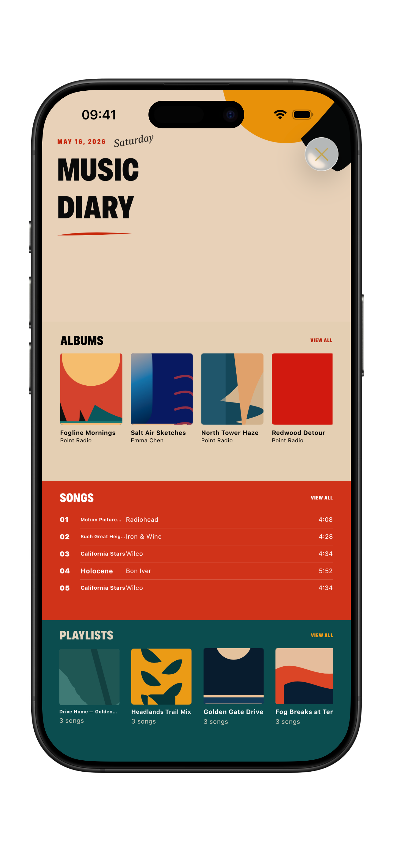 Music Diary interface showing albums and songs